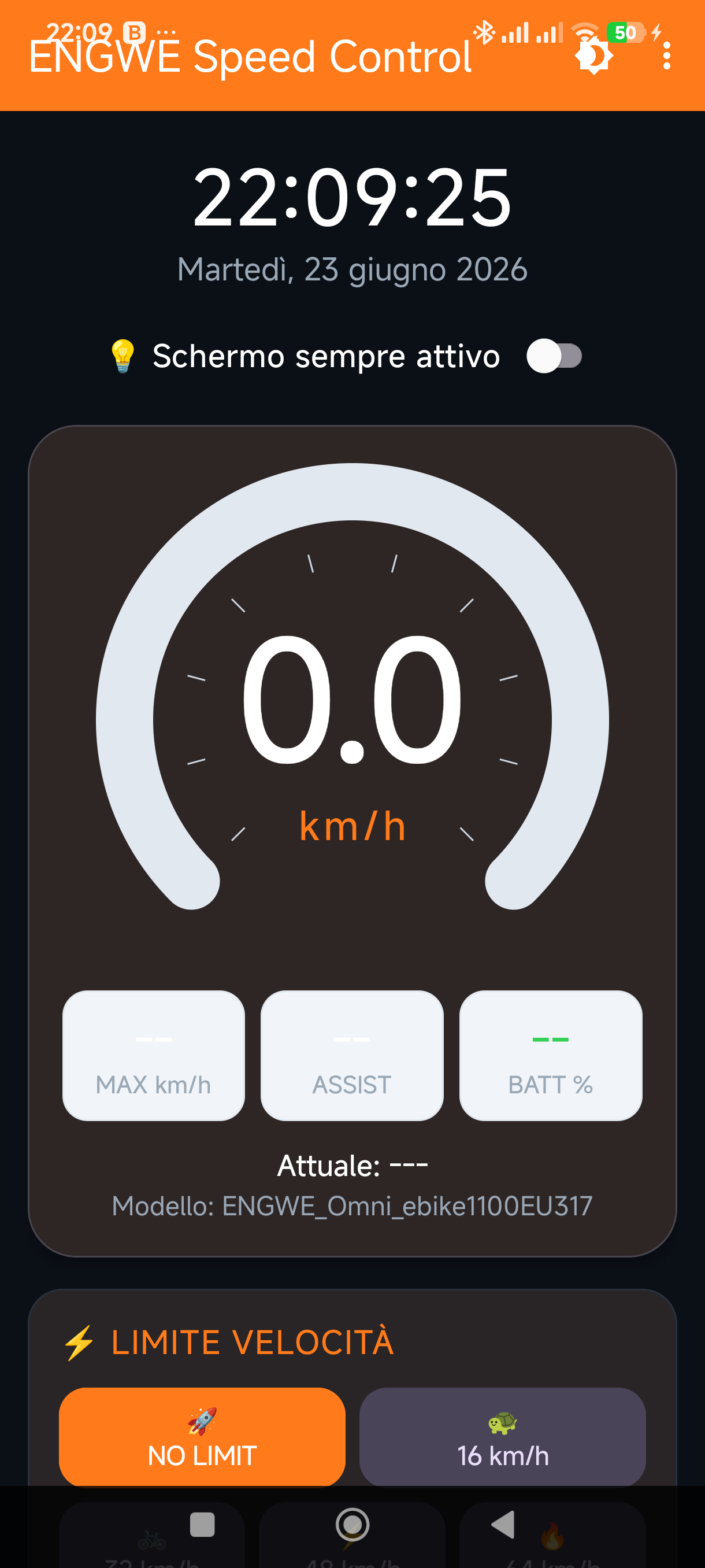 Schermata principale dell'app Speed Control 2 con tachimetro e controlli